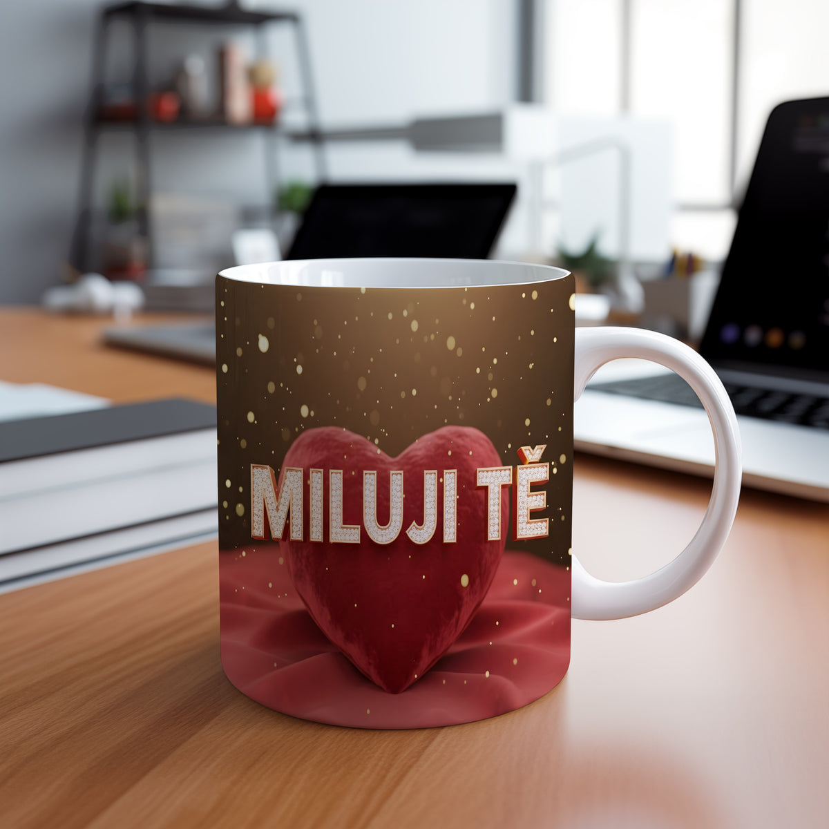 Romantický hrnek s červeným srdcem a nápisem MILUJI TĚ.