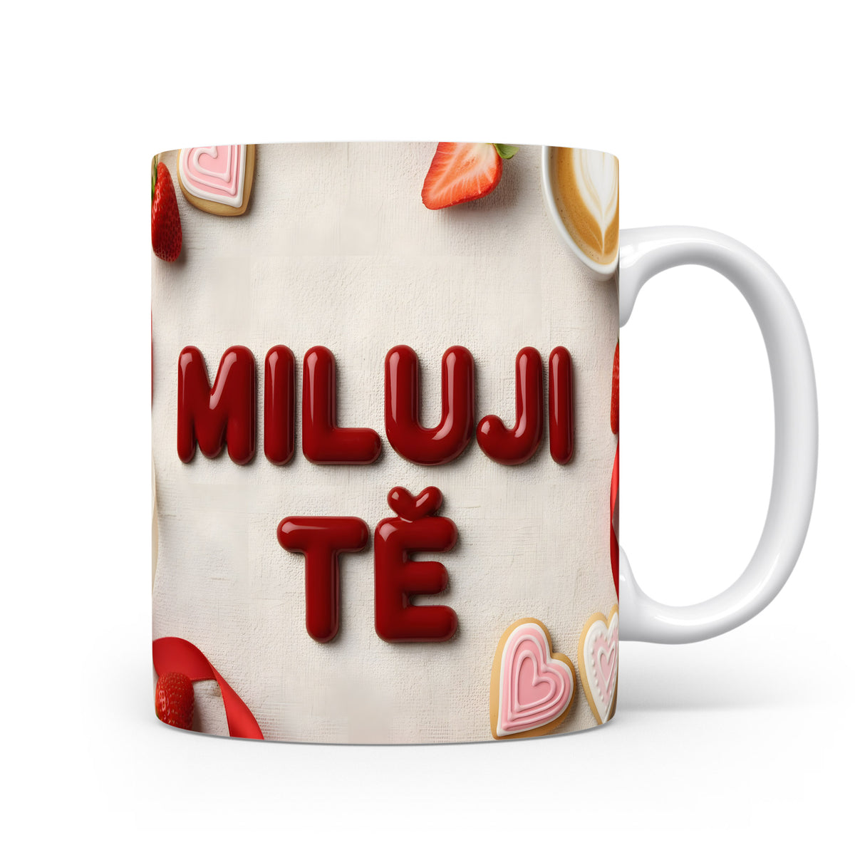 Bílý hrnek s nápisem MILUJI TĚ, ozdobený srdíčky a jahodami.