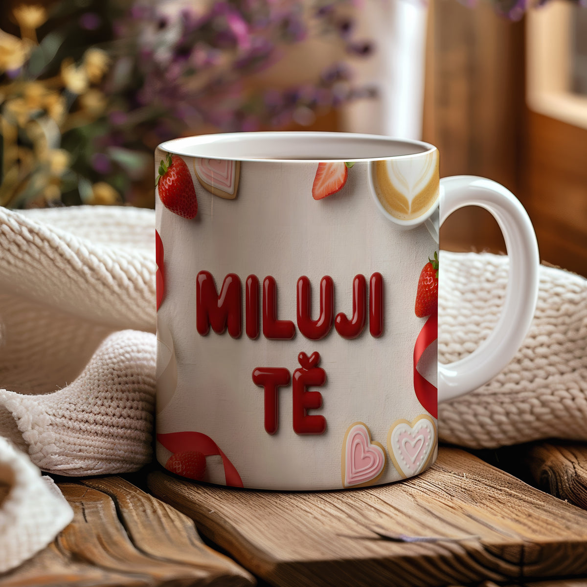 Bílý hrnek s nápisem MILUJI TĚ, ozdobený srdíčky a jahodami.