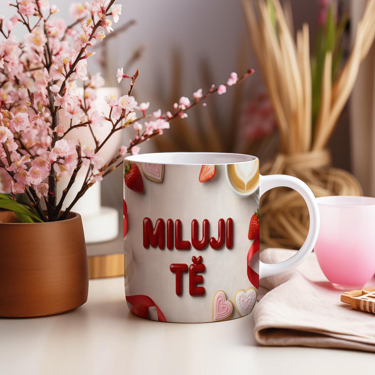Bílý hrnek s nápisem MILUJI TĚ, ozdobený srdíčky a jahodami.