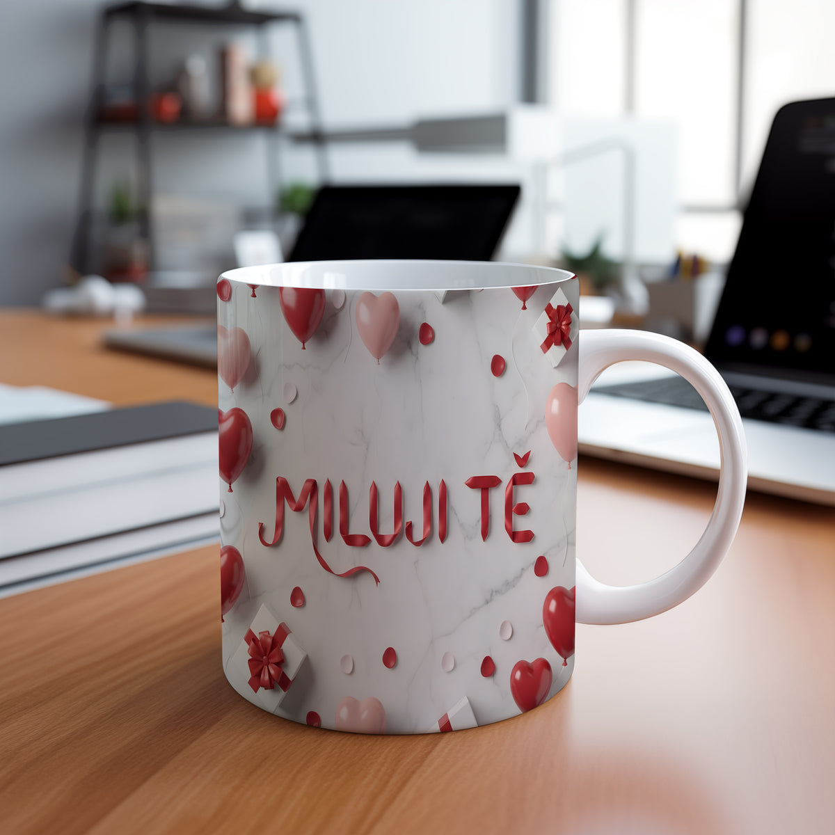 Hrnček s nápisem MILUJI TĚ na mramorovém pozadí s červenými a růžovými srdíčky.