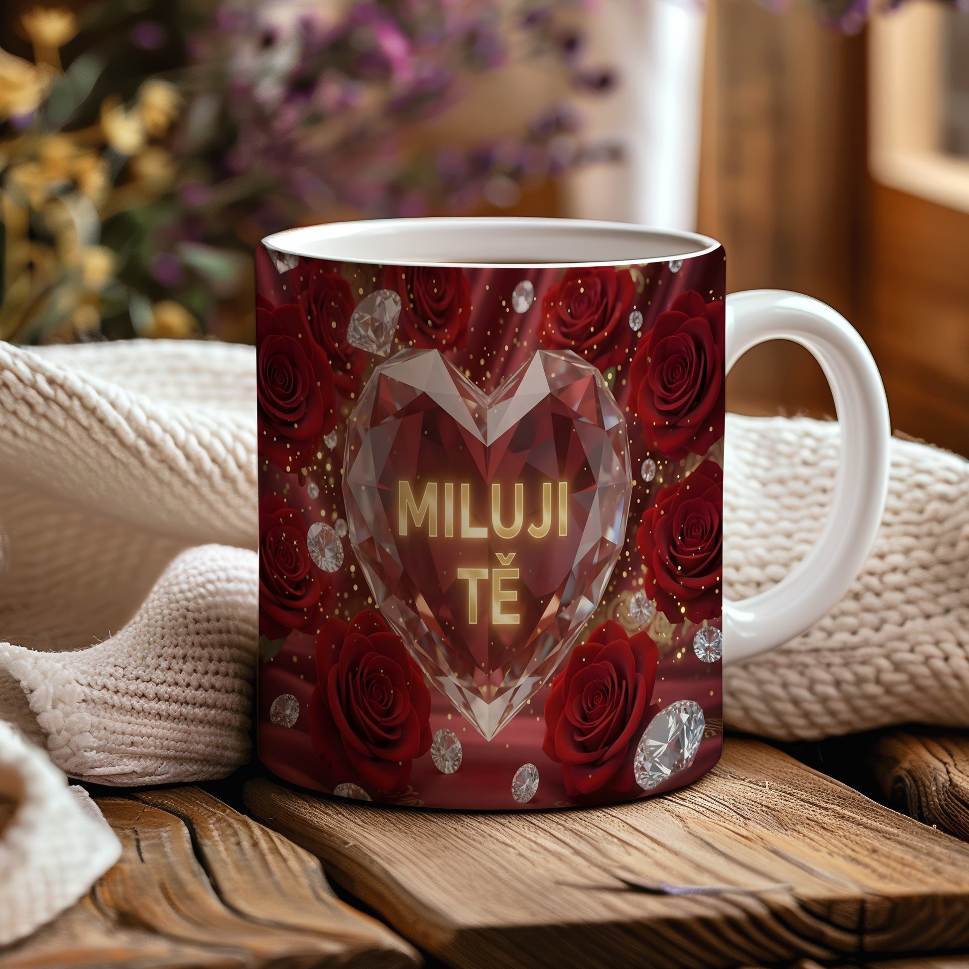 Červený hrnek s motivem srdce, růží a diamantů.