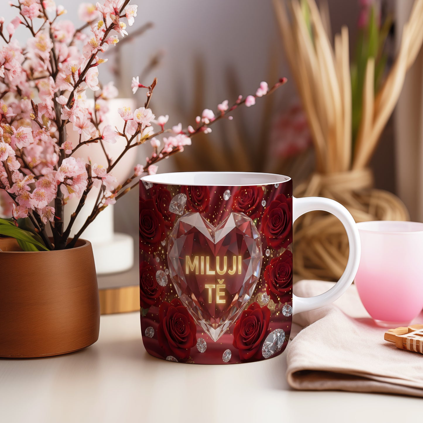 Červený hrnek s motivem srdce, růží a diamantů.
