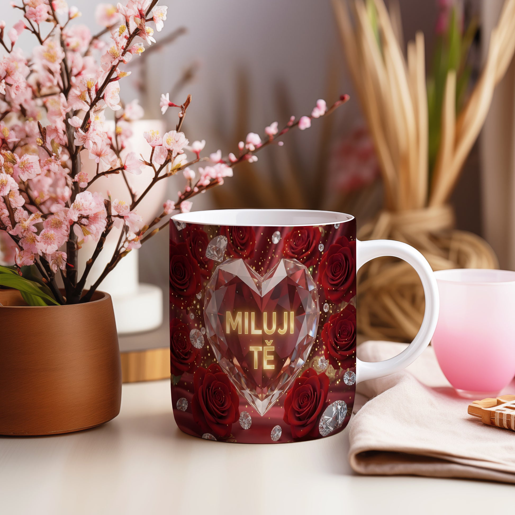 Červený hrnek s motivem srdce, růží a diamantů.