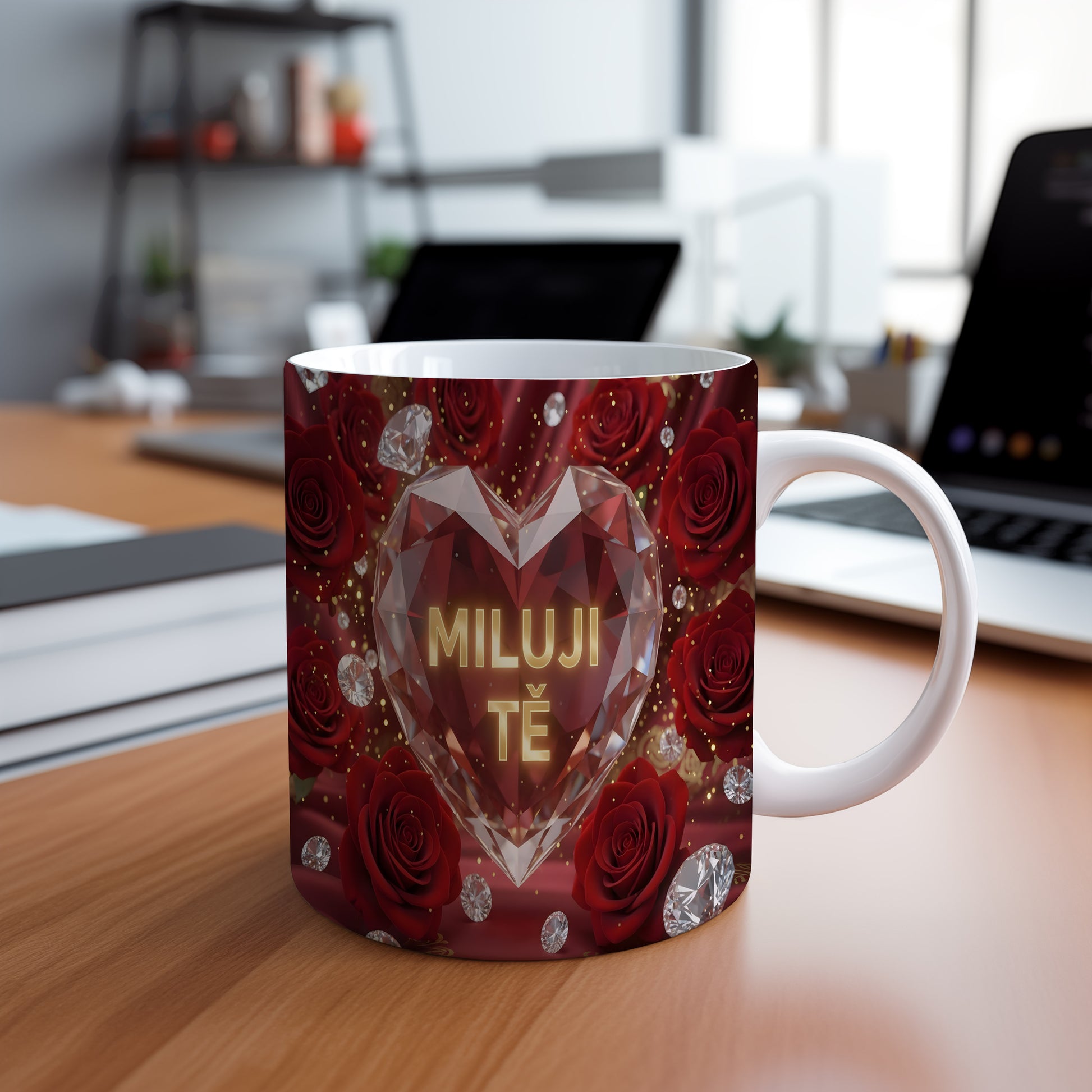 Červený hrnek s motivem srdce, růží a diamantů.