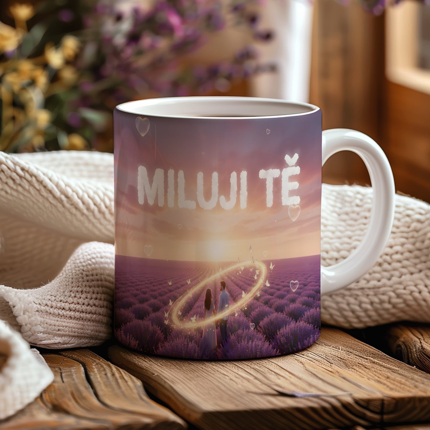 Romantický hrnek s nápisem MILUJI TĚ a západem slunce nad levandulovým polem.