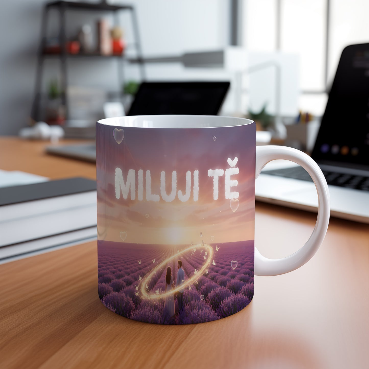 Romantický hrnek s nápisem MILUJI TĚ a západem slunce nad levandulovým polem.