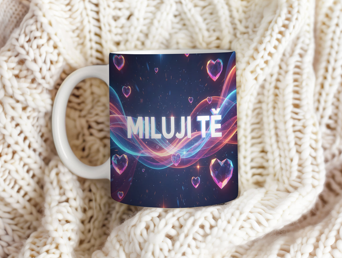 Tmavě modrý hrnek s růžovými srdci a nápisem MILUJI TĚ.