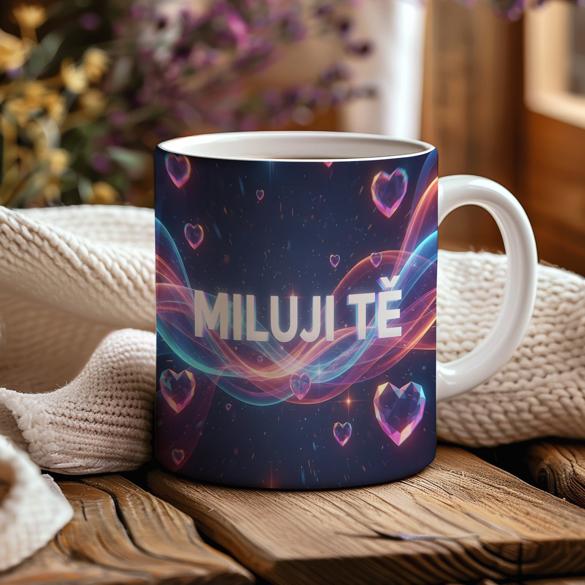 Tmavě modrý hrnek s růžovými srdci a nápisem MILUJI TĚ.