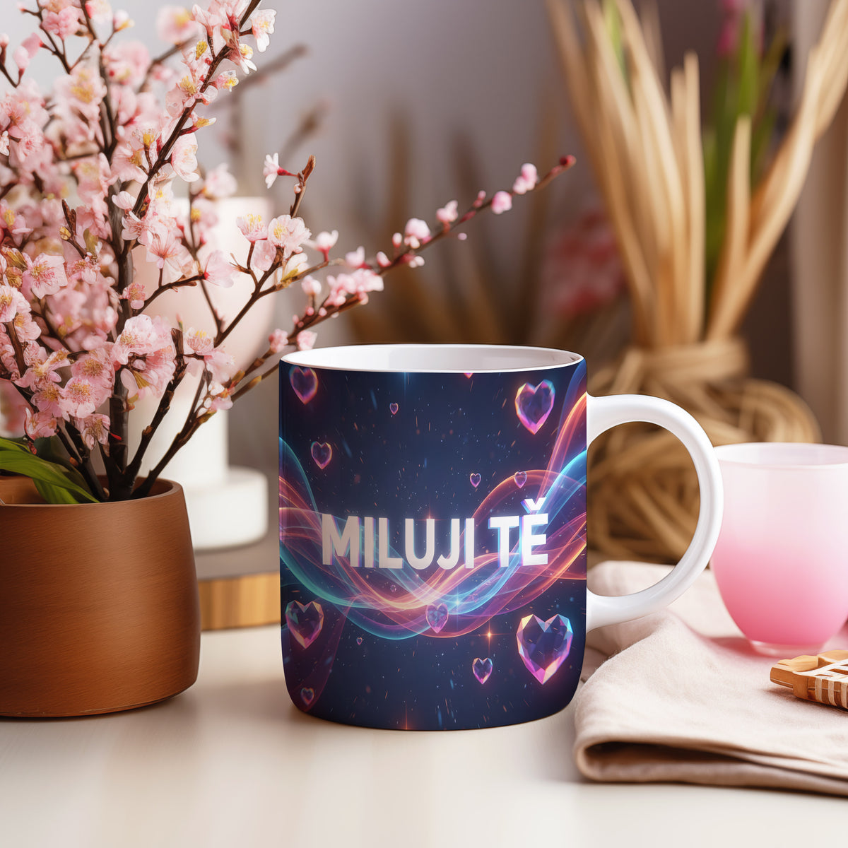Tmavě modrý hrnek s růžovými srdci a nápisem MILUJI TĚ.