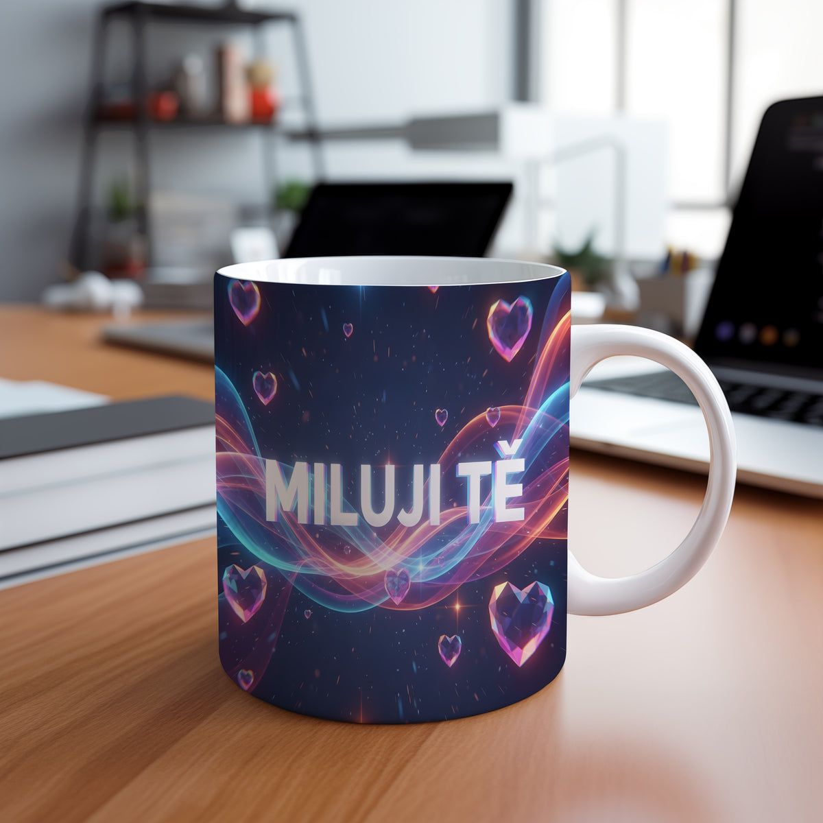 Tmavě modrý hrnek s růžovými srdci a nápisem MILUJI TĚ.