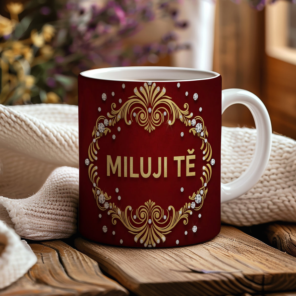 Červený hrnek se zlatými ornamenty a nápisem MILUJI TĚ.