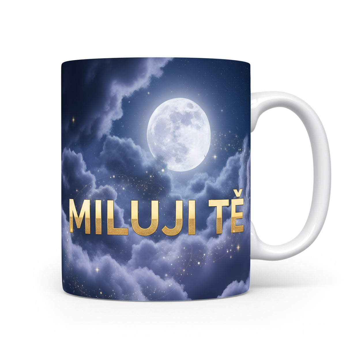 Hrnček s motivem noční oblohy, měsícem a nápisem MILUJI TĚ.
