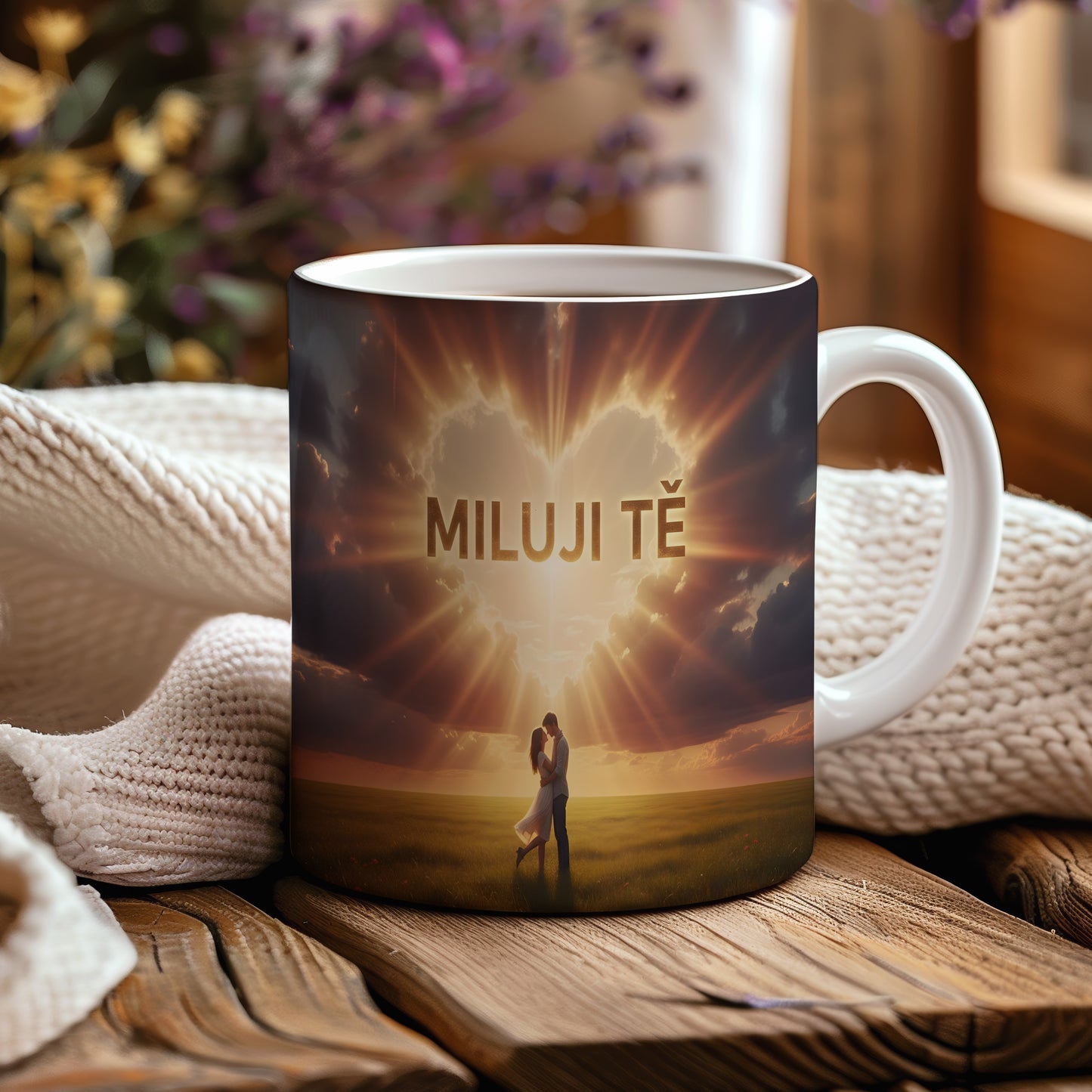 Hrnček s nápisem MILUJI TĚ a romantickým motivem slunce a srdce.