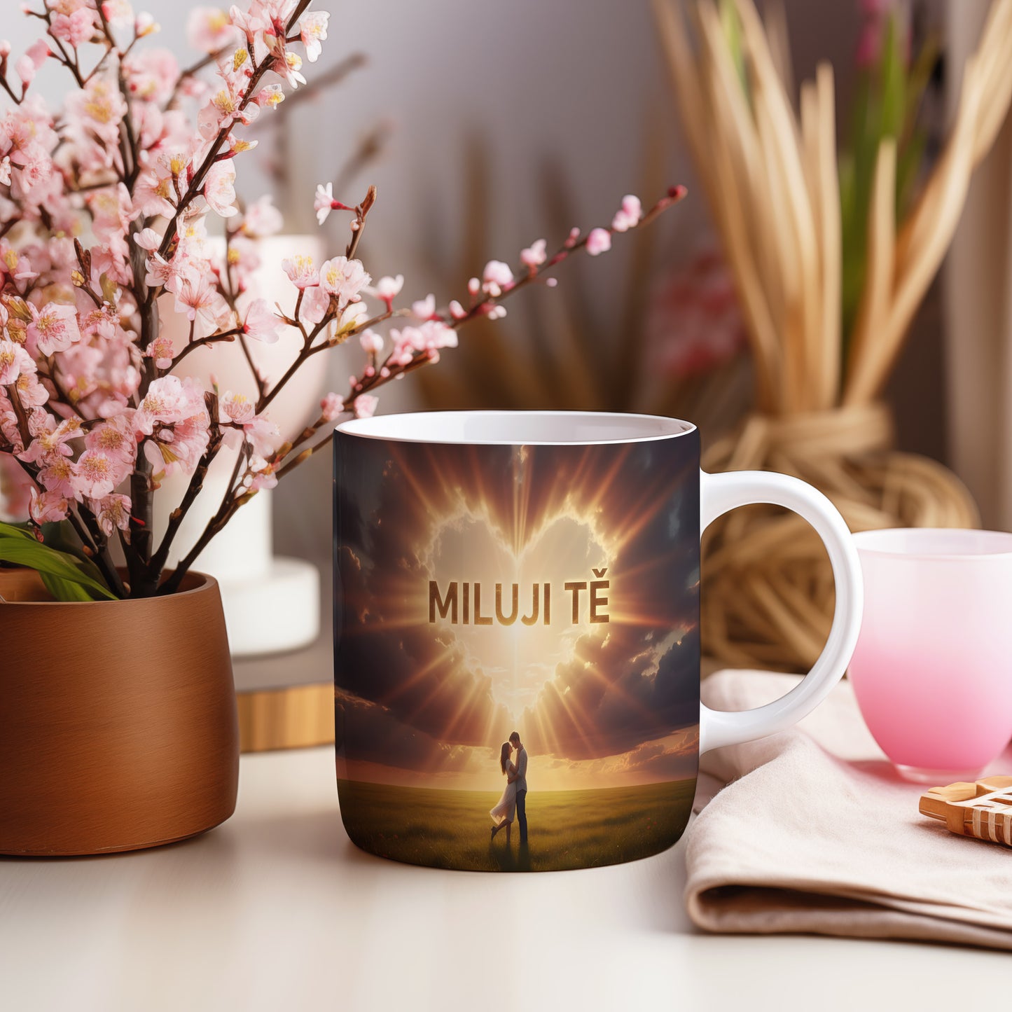 Hrnček s nápisem MILUJI TĚ a romantickým motivem slunce a srdce.