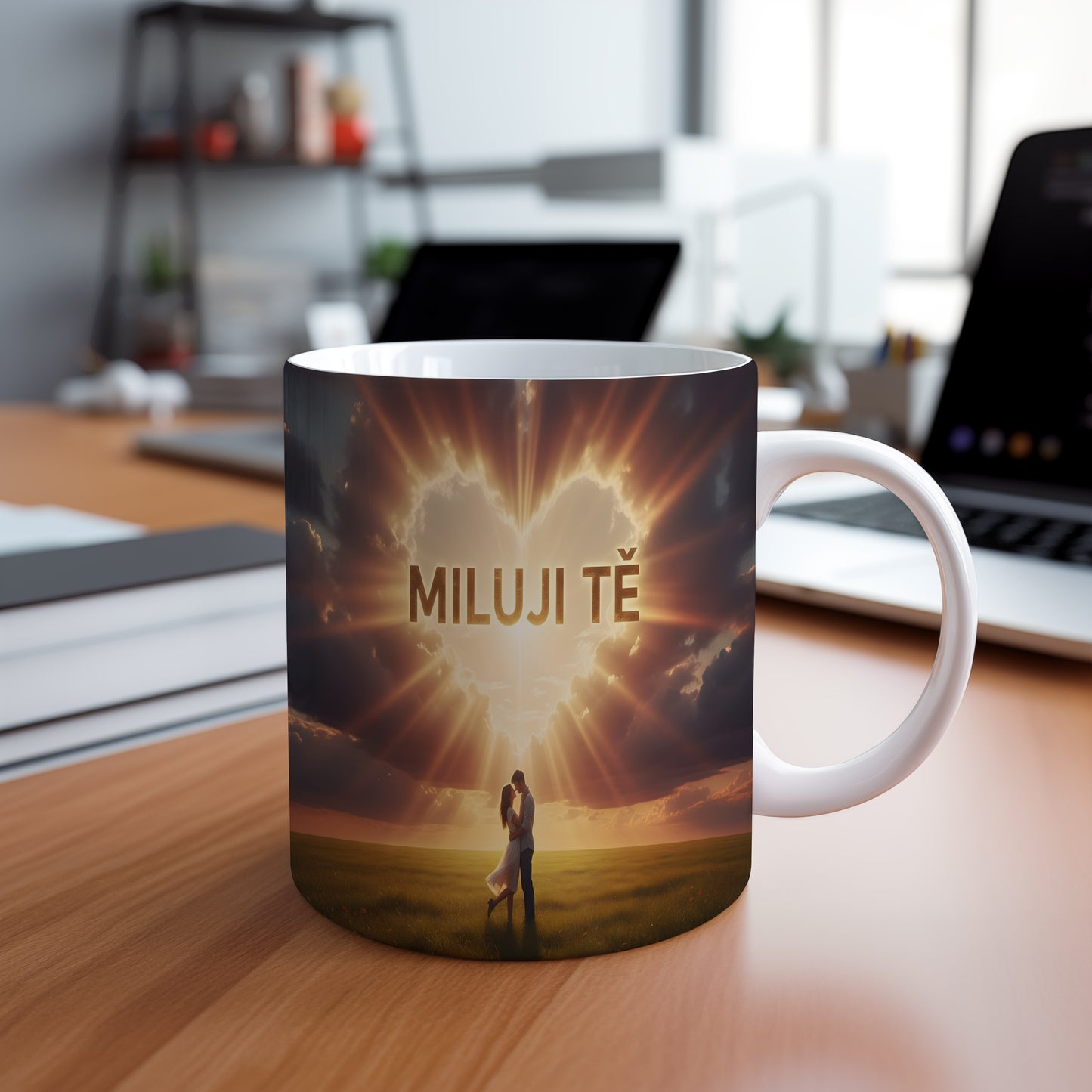 Hrnček s nápisem MILUJI TĚ a romantickým motivem slunce a srdce.