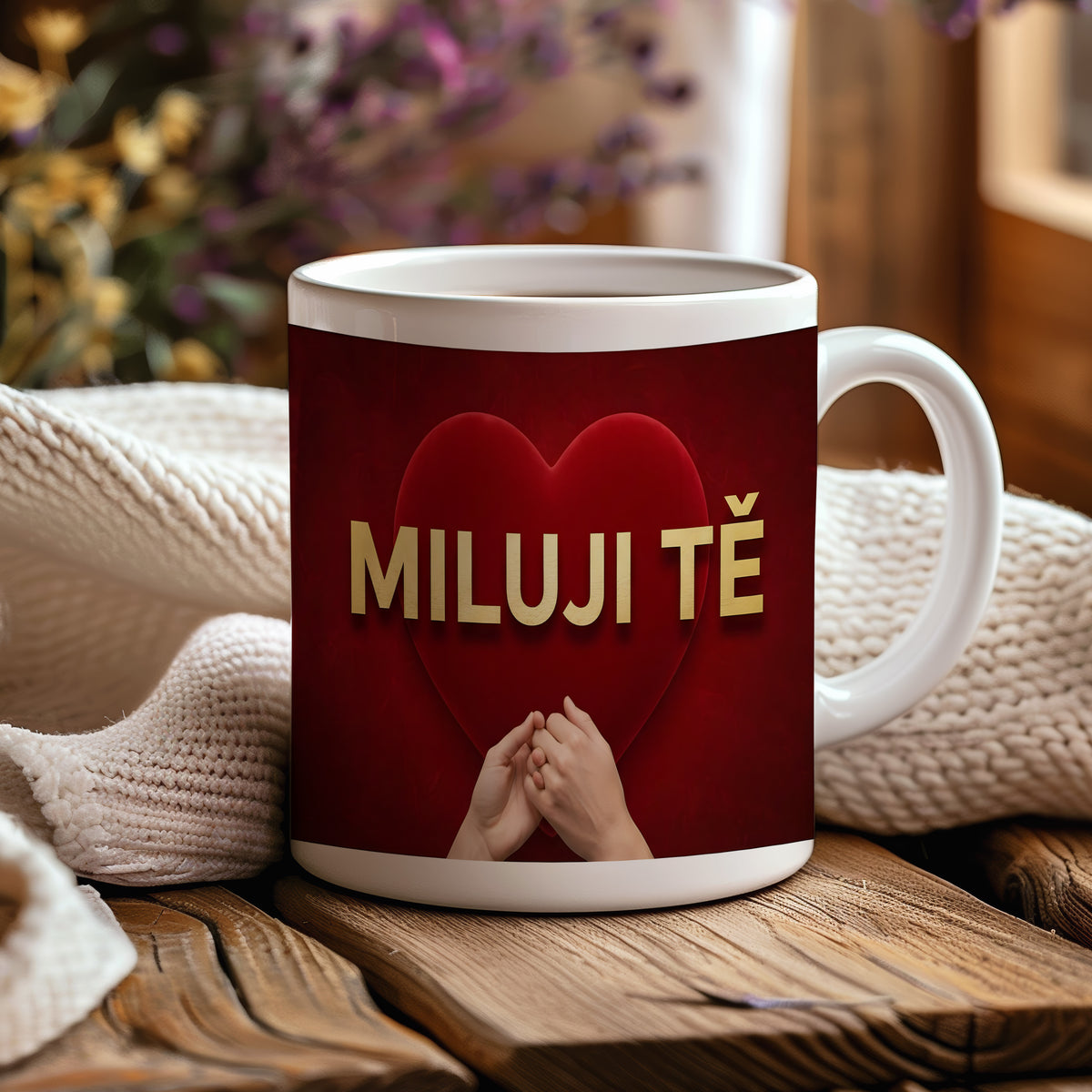 Bílý hrnek s červeným srdcem a nápisem MILUJI TĚ.