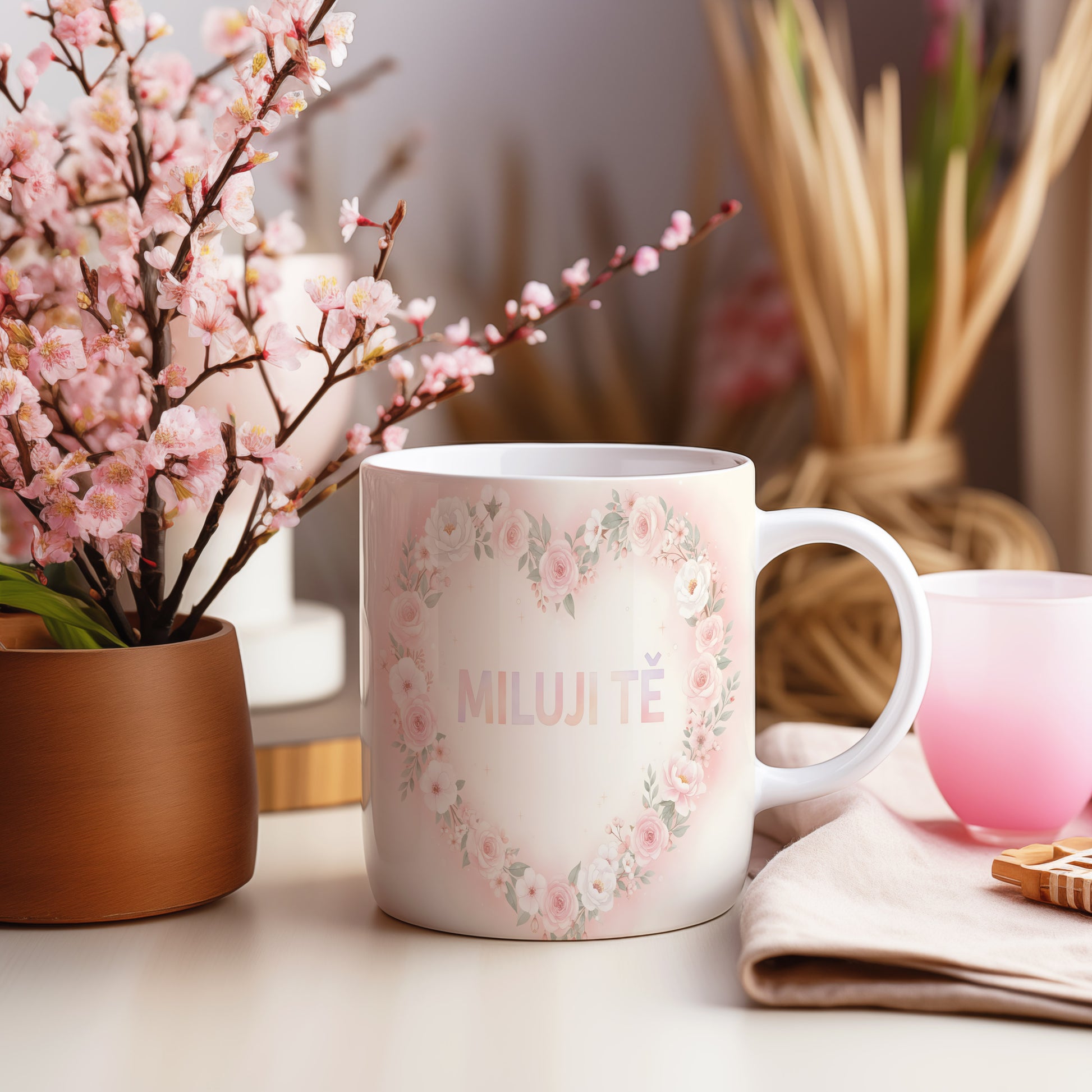 Hrnek s nápisem MILUJI TĚ a květinovým srdcem v pastelových barvách.
