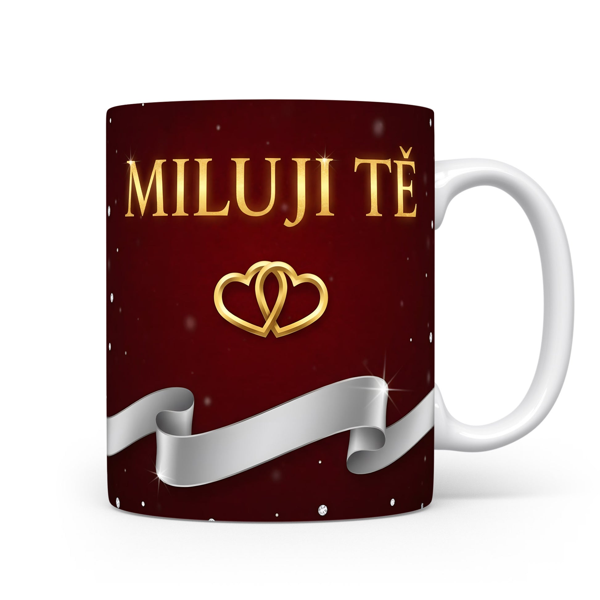 Romantický hrnek s nápisem MILUJI TĚ a zlatým srdcem.