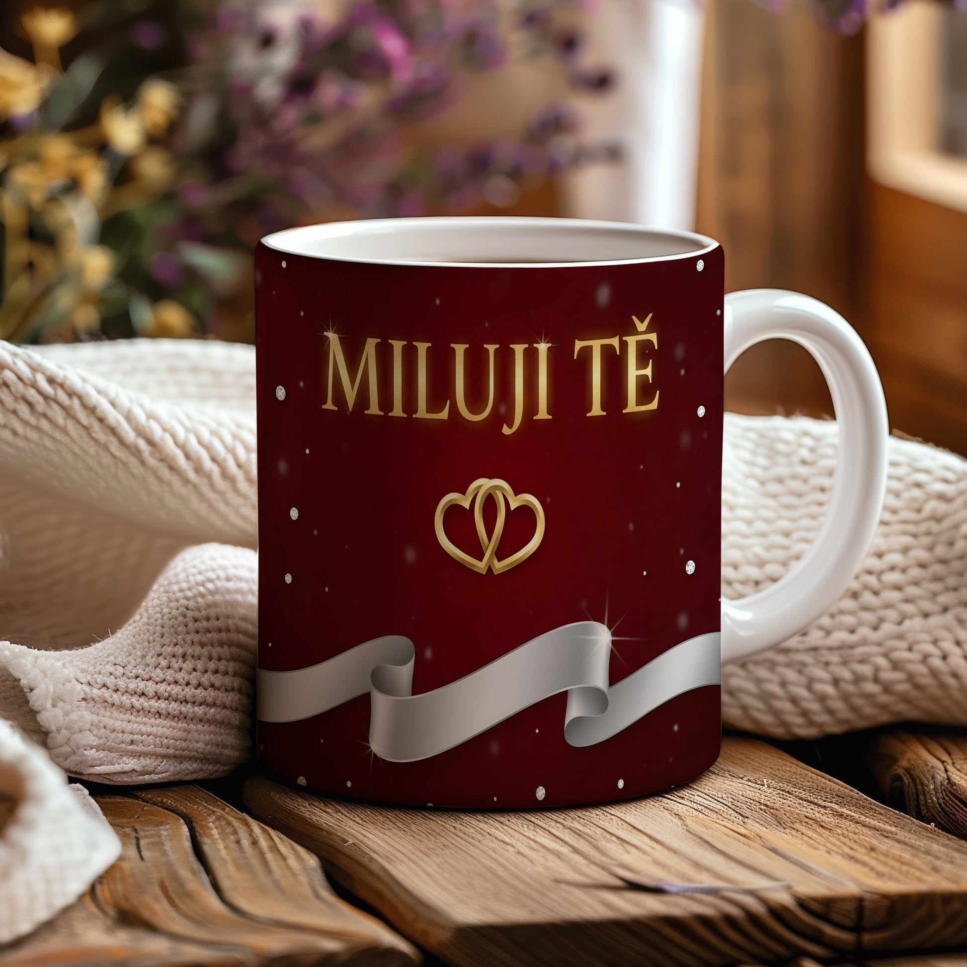 Romantický hrnek s nápisem MILUJI TĚ a zlatým srdcem.