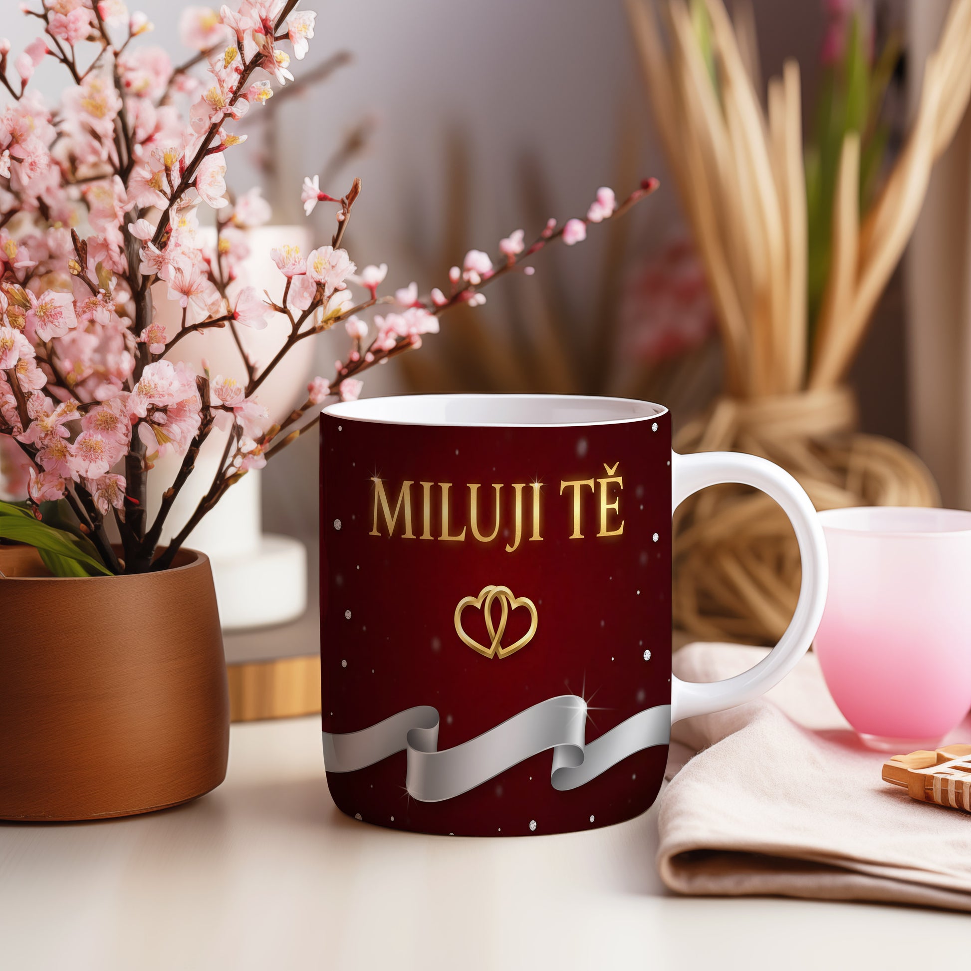 Romantický hrnek s nápisem MILUJI TĚ a zlatým srdcem.
