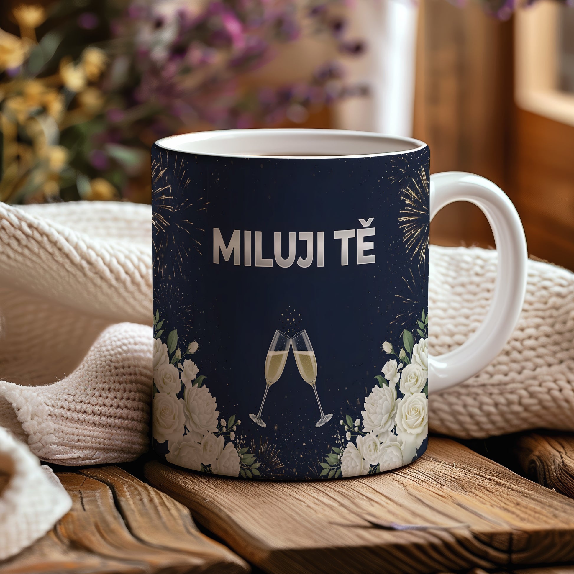 Tmavě modrý hrnek s nápisem MILUJI TĚ, květinami a skleničkami.