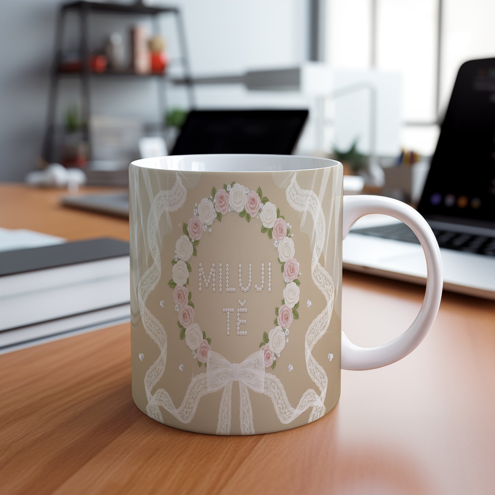 Hrnek s nápisem MILUJI TĚ, ozdobený růžemi a krajkou.
