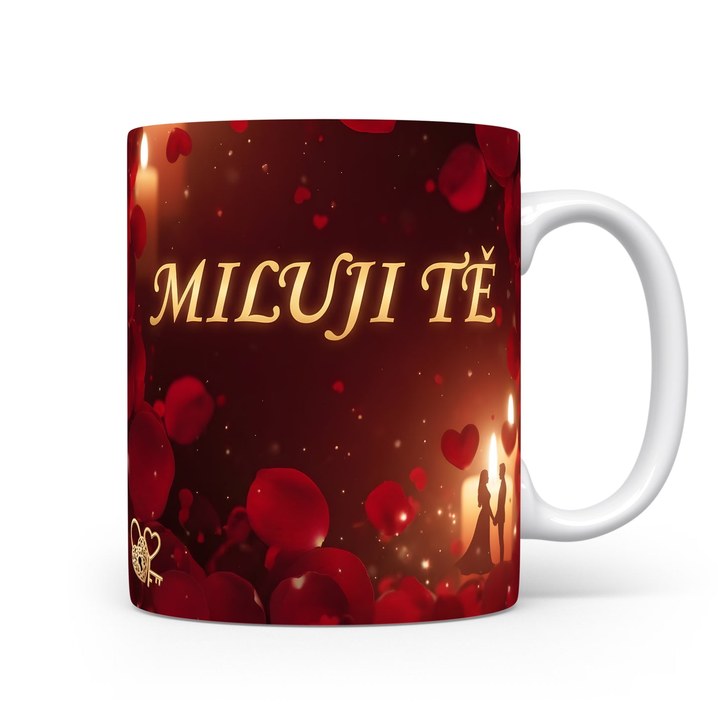 Romantický hrnek s červenými srdci a nápisem MILUJI TĚ.