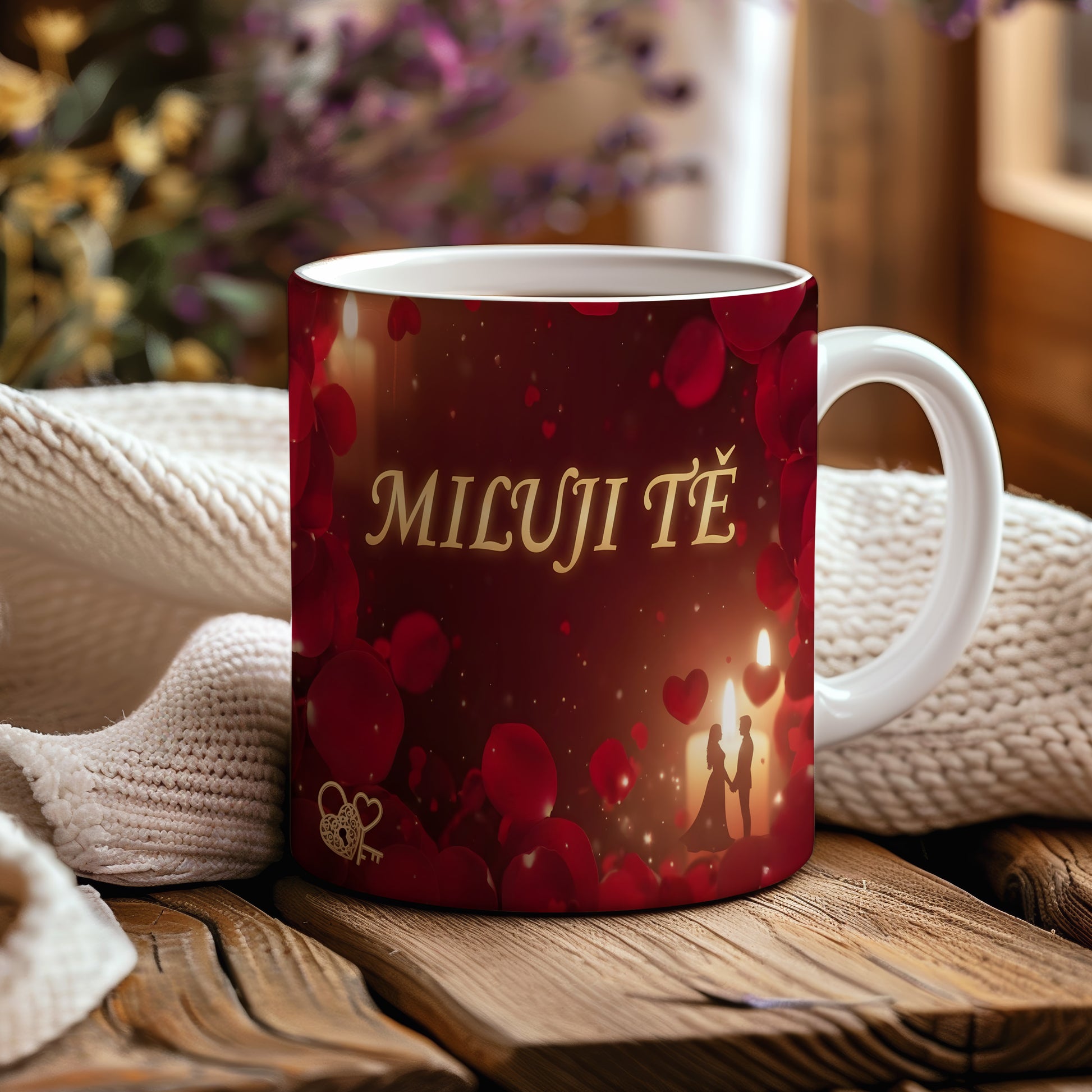 Romantický hrnek s červenými srdci a nápisem MILUJI TĚ.