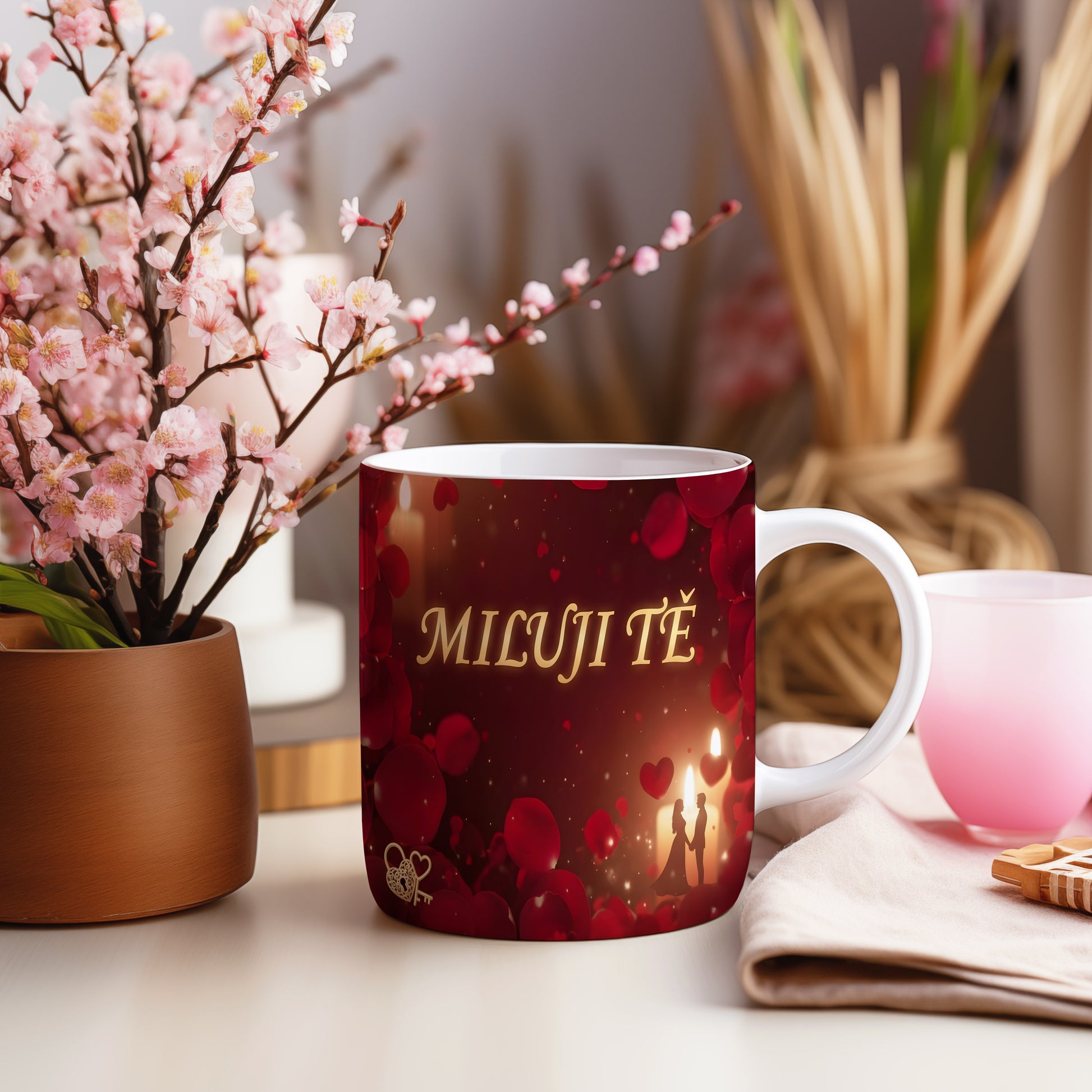 Romantický hrnek s červenými srdci a nápisem MILUJI TĚ.