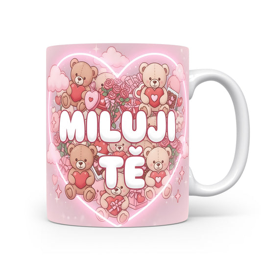 Růžový hrnek s medvídky a nápisem MILUJI TĚ.