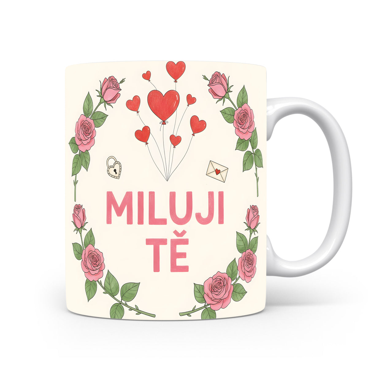 Krémový hrnek s růžemi a srdci, nápis MILUJI TĚ.
