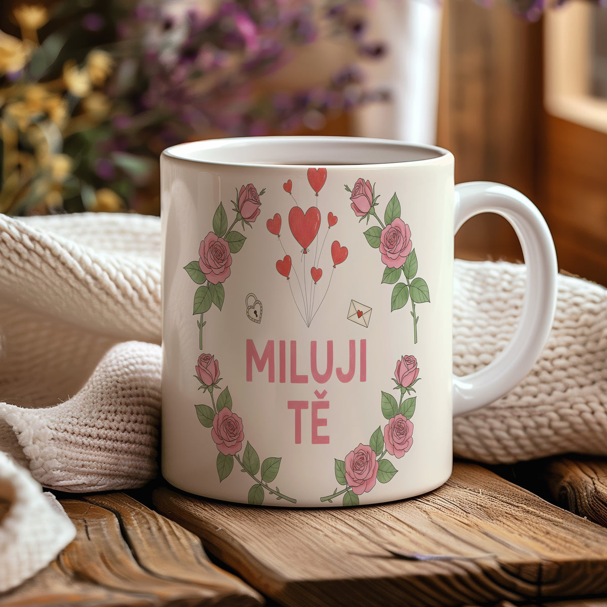 Krémový hrnek s růžemi a srdci, nápis MILUJI TĚ.