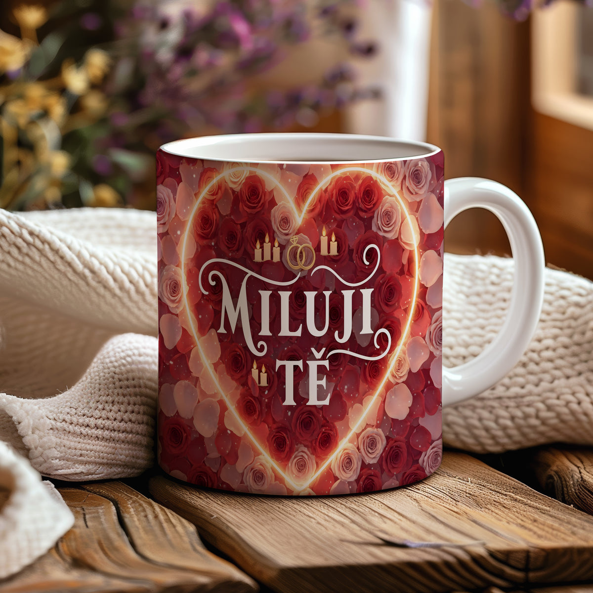 Romantický hrnek s nápisem MILUJI TĚ, obklopený růžemi a svíčkami.