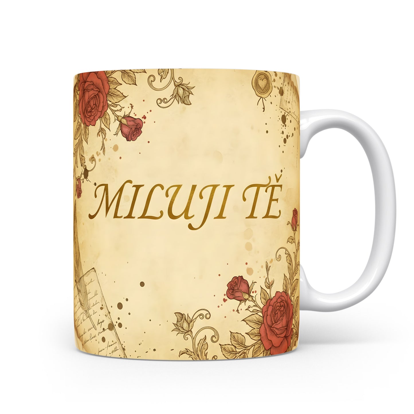 Romantický hrnek s nápisem MILUJI TĚ a růžemi.