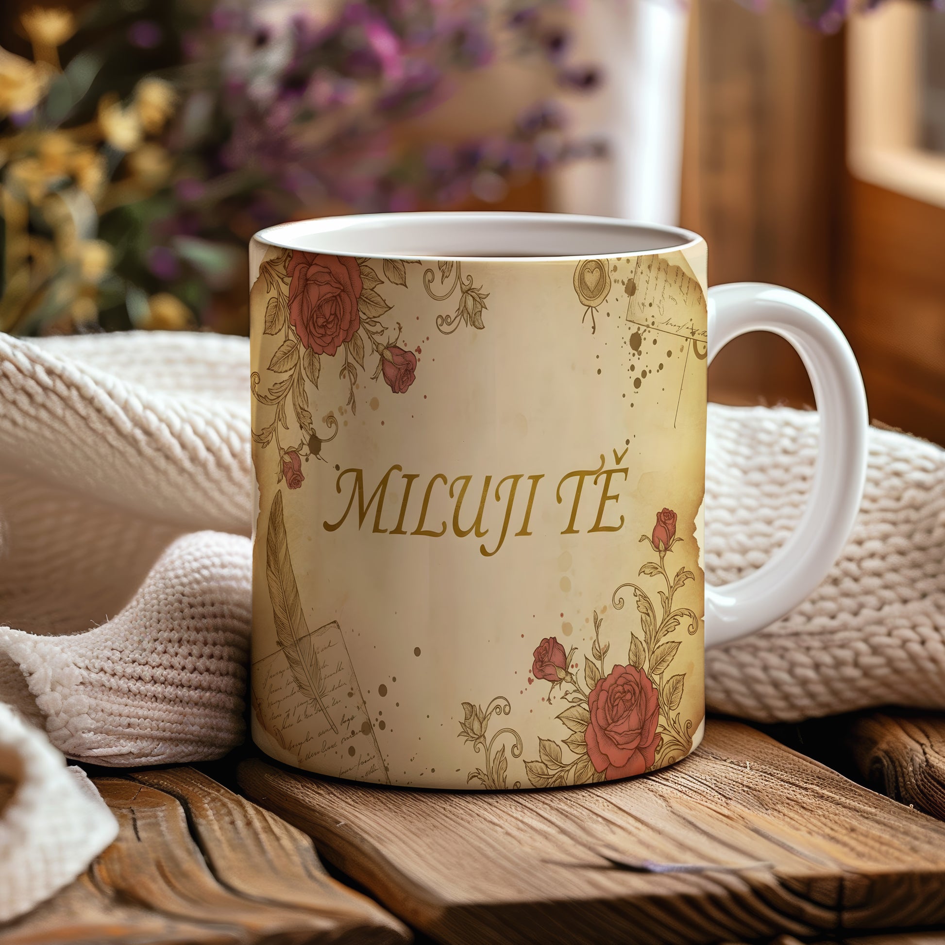 Romantický hrnek s nápisem MILUJI TĚ a růžemi.