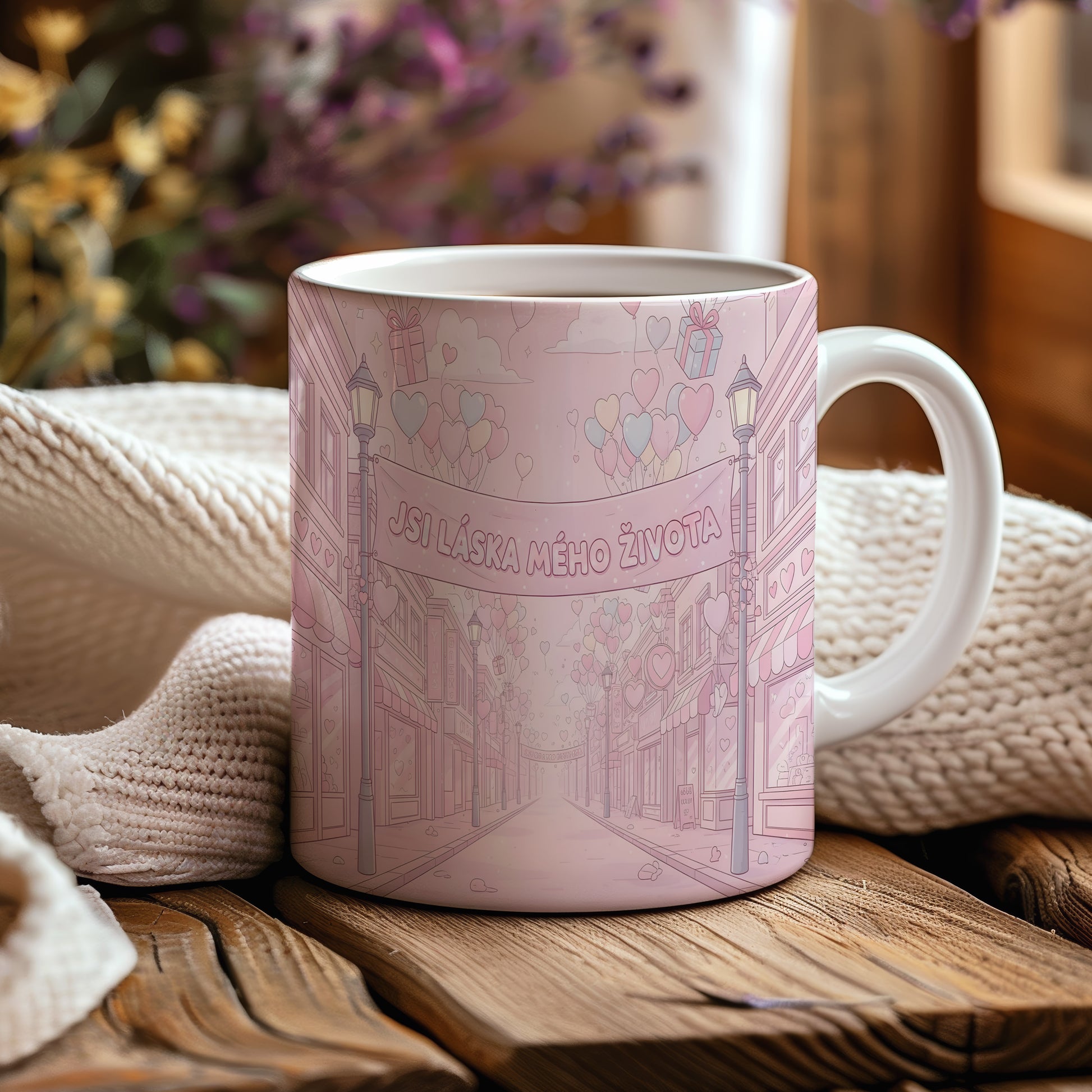 Růžový hrnek s romantickým motivem srdcí a balónků.