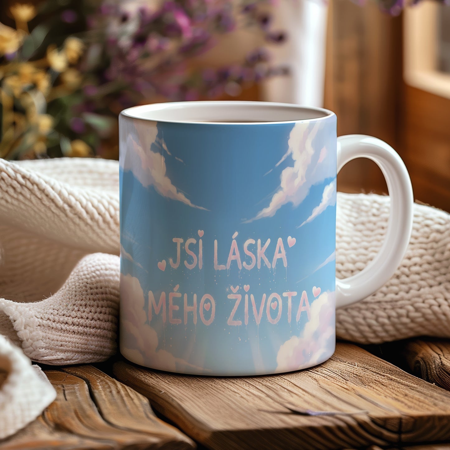 Hrnek s nápisem JSI LÁSKA MÉHO ŽIVOTA na modré obloze s oblaky a srdíčky.