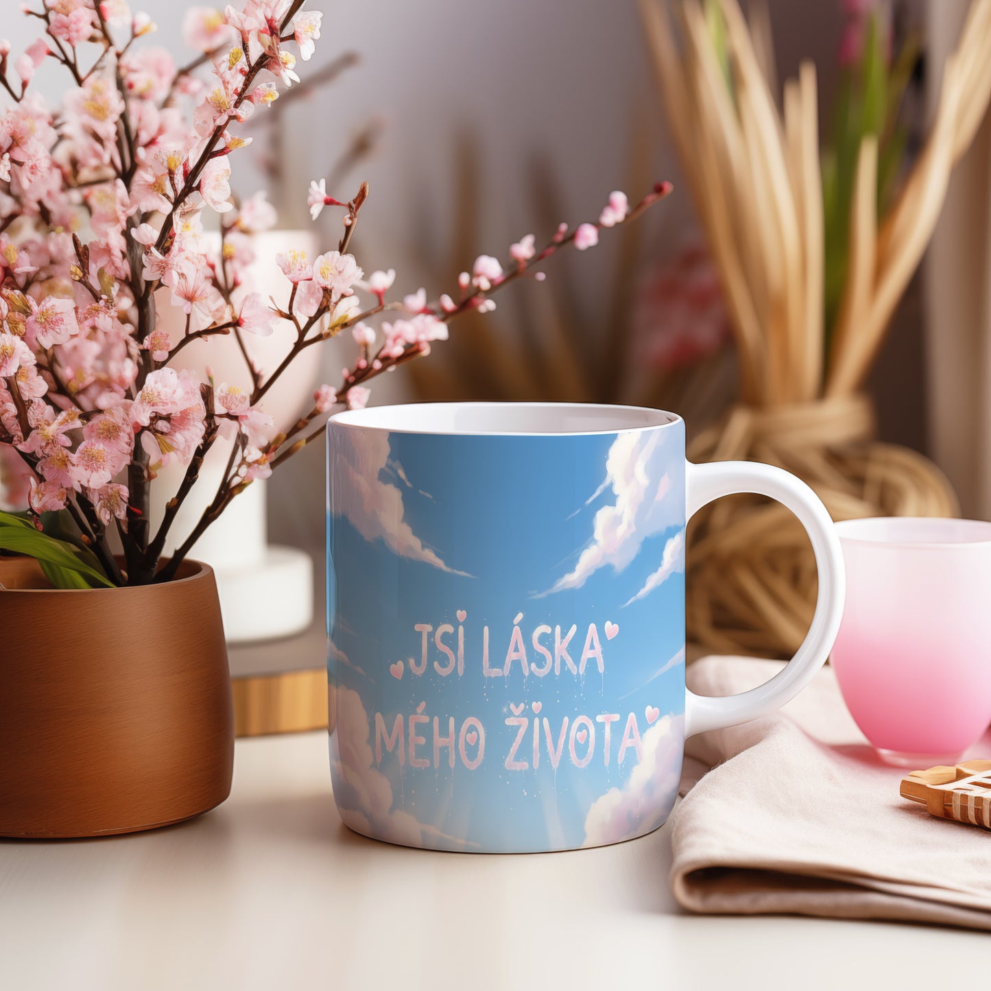 Hrnek s nápisem JSI LÁSKA MÉHO ŽIVOTA na modré obloze s oblaky a srdíčky.