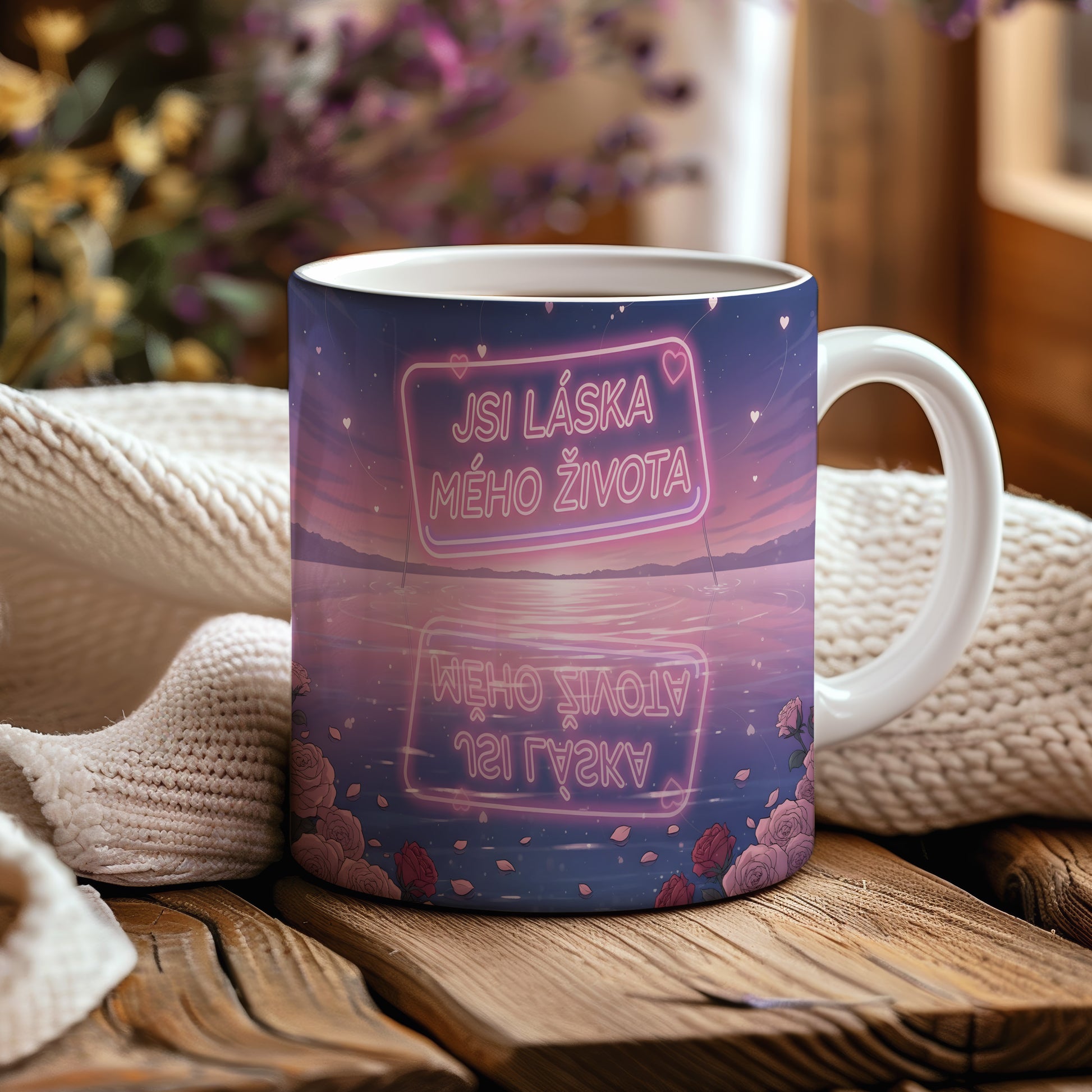 Romantický hrnek s nápisem 'JSI LÁSKA MÉHO ŽIVOTA' a motivem srdcí a růží.