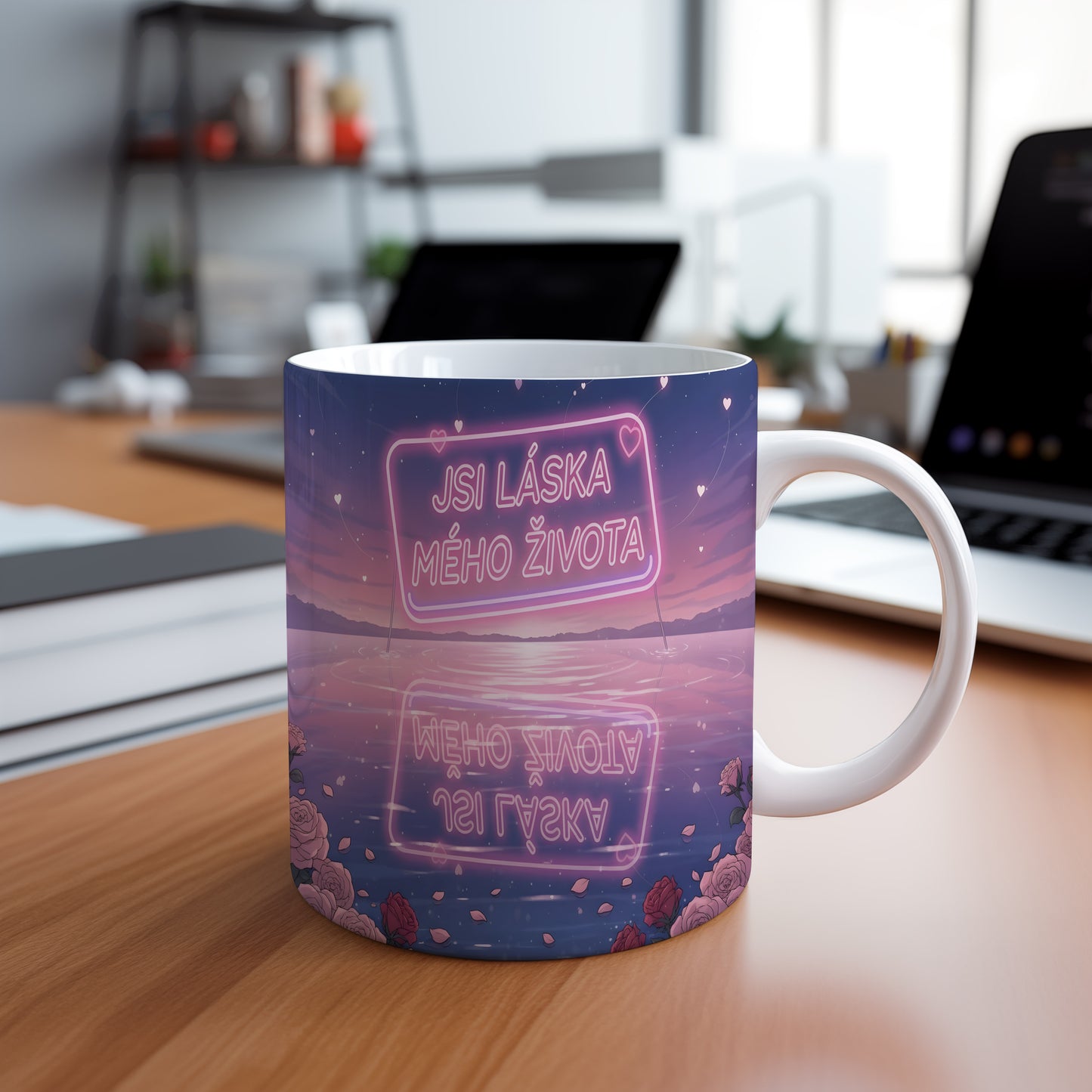 Romantický hrnek s nápisem 'JSI LÁSKA MÉHO ŽIVOTA' a motivem srdcí a růží.