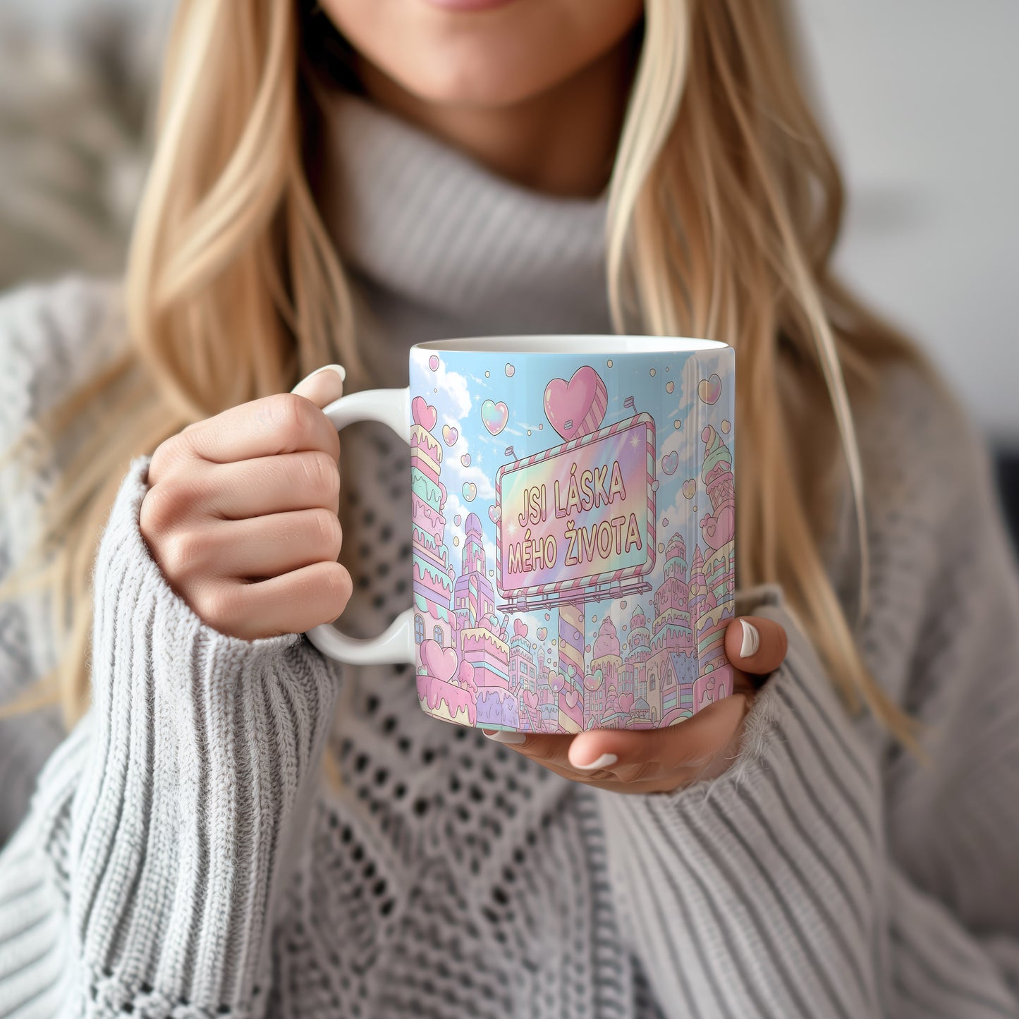 Pastelový hrnek s nápisem JSI LÁSKA MÉHO ŽIVOTA obklopený srdíčky a městem.