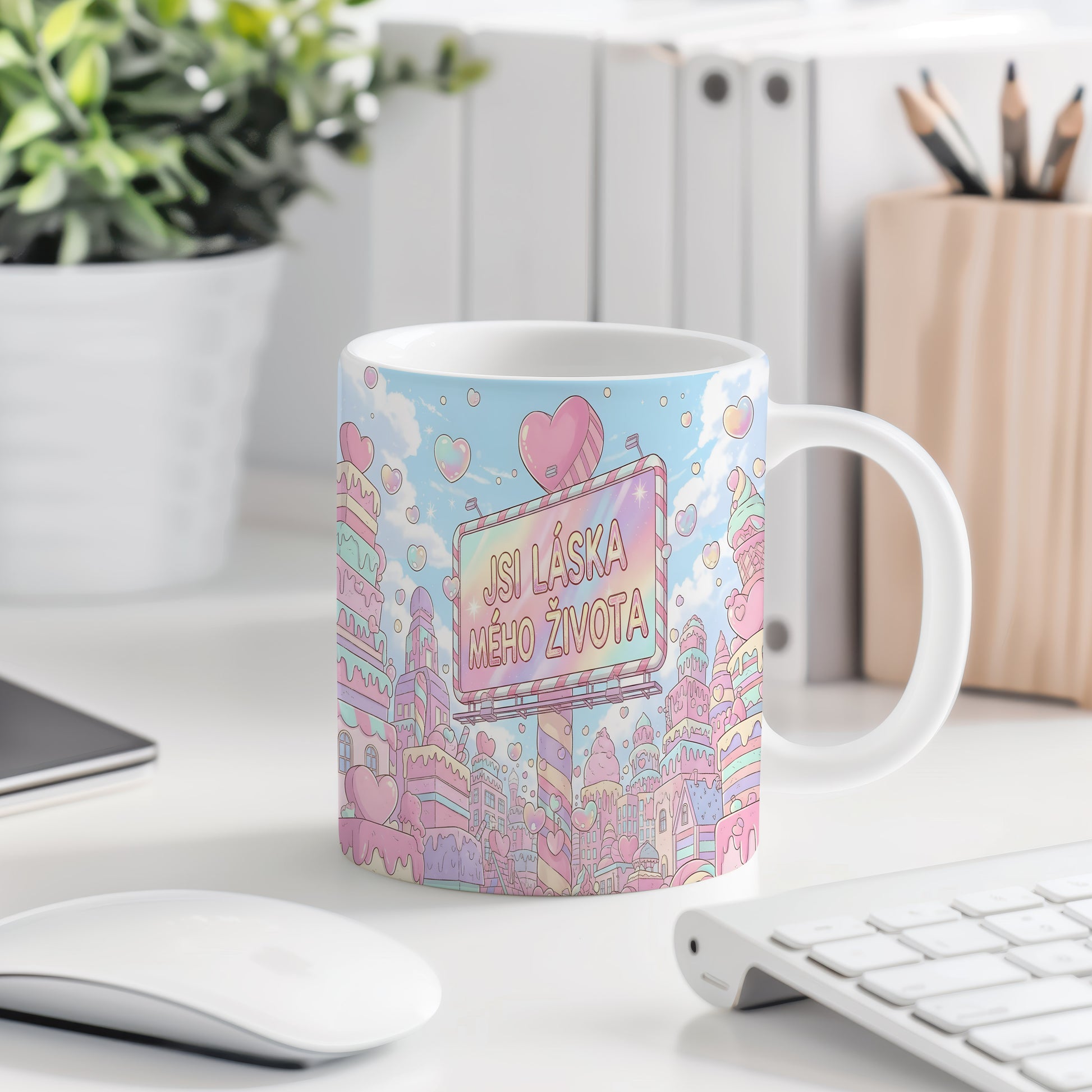 Pastelový hrnek s nápisem JSI LÁSKA MÉHO ŽIVOTA obklopený srdíčky a městem.