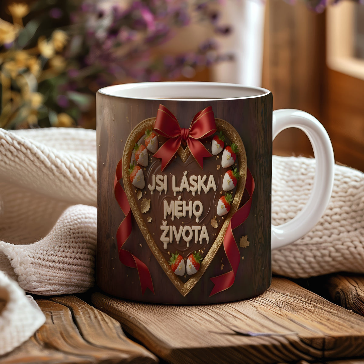 Romantický hrnek s motivem srdce, mašle a jahod na dřevěném pozadí.