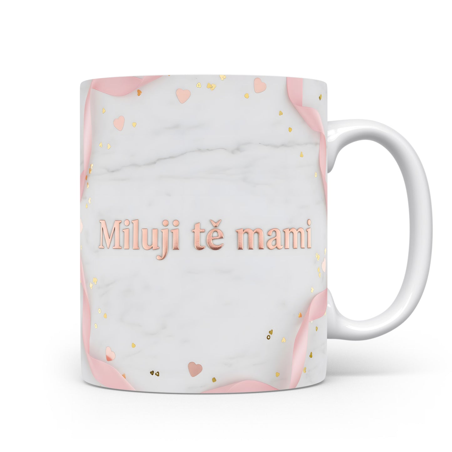 Hrnek Miluji tě mami – růžové srdíčka a zlaté tečky na mramorovém pozadí – varianta 11