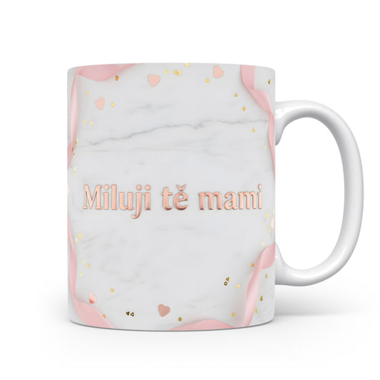Hrnek Miluji tě mami – růžové srdíčka a zlaté tečky na mramorovém pozadí – varianta 11