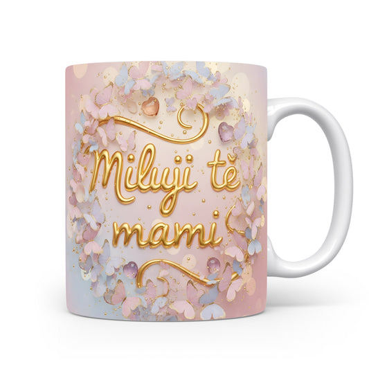 Hrnek Miluji tě mami – pasteloví motýli v zlatém objetí – varianta 11