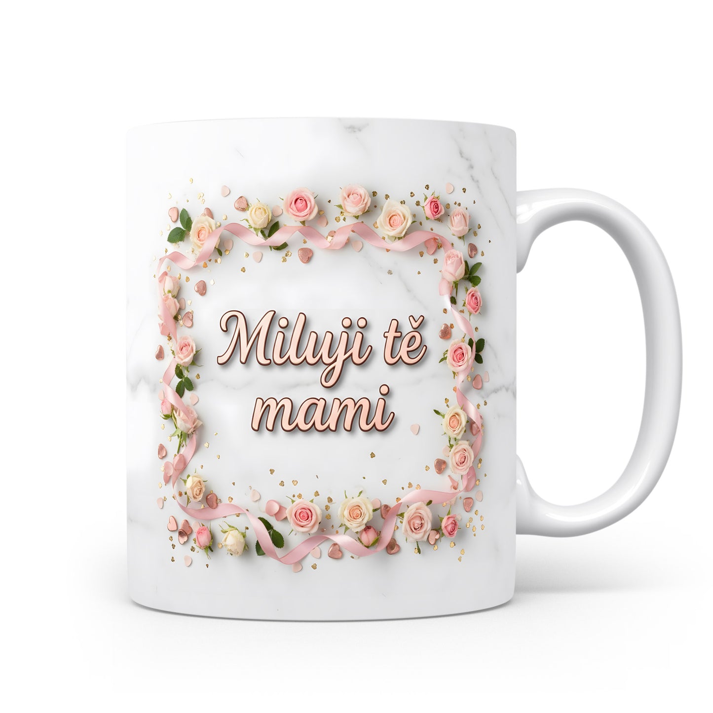 Hrnek Miluji tě mami – růžové růže a zlaté srdíčka na mramorovém pozadí – varianta 11