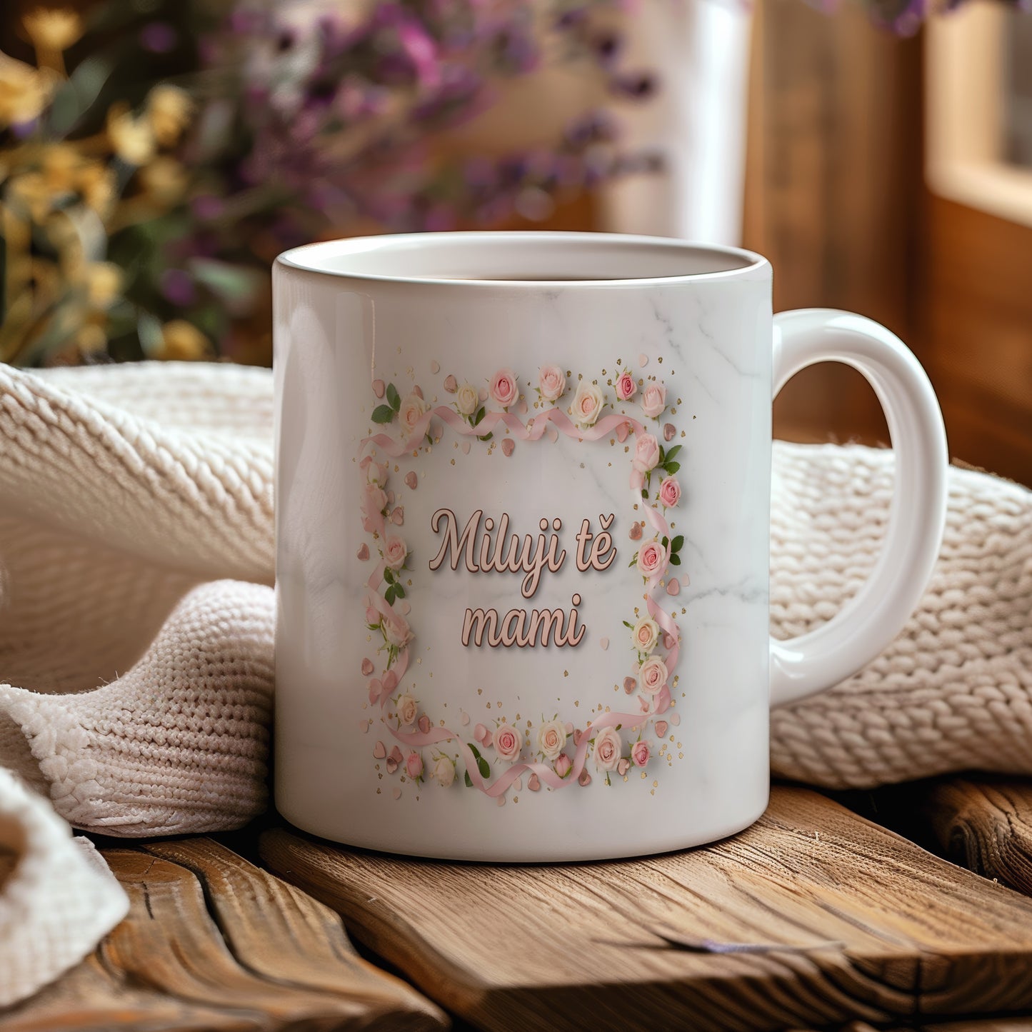 Hrnek Miluji tě mami – růžové růže a zlaté srdíčka na mramorovém pozadí – varianta 44