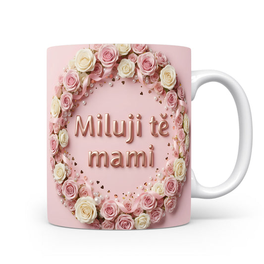 Hrnek Miluji tě mami – romantický věnec z růží na pastelovém pozadí – varianta 11
